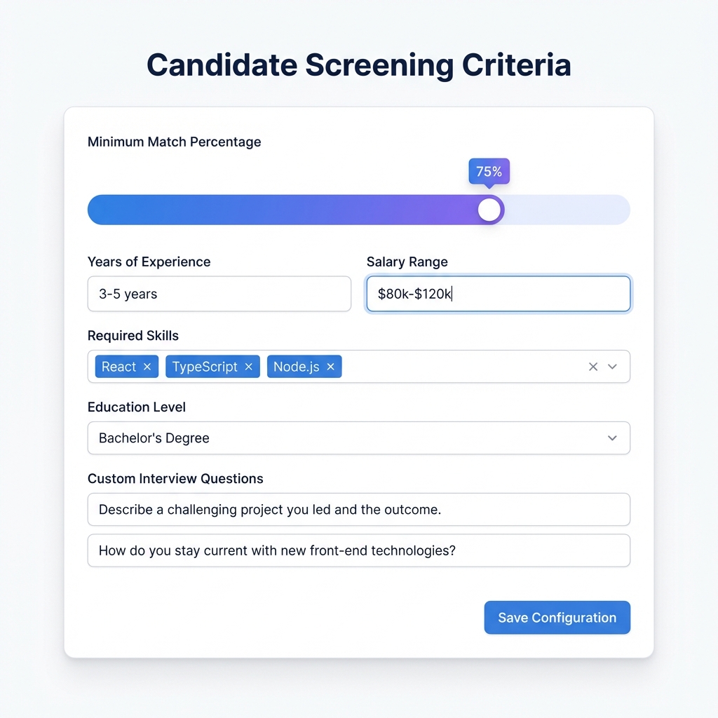 Candidate criteria setup showing minimum match percentage, experience, salary range, and custom questions