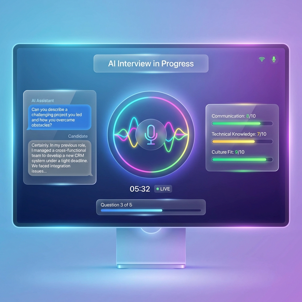 AI-powered pre-screening interview interface with audio visualization and real-time scoring